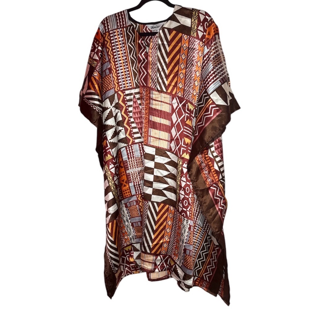 Geometric Patterned Winlar Kaftan Size S-4X NWT Burgundy Orange White and Brown